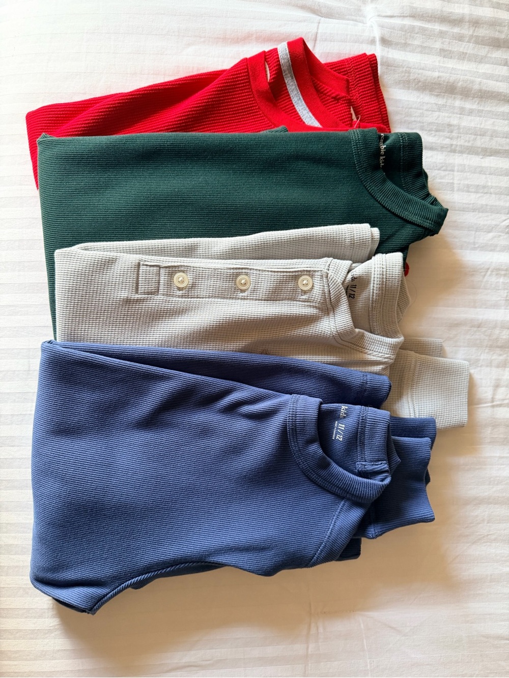 Bundle for kids- 4 classic waffle long sleeve tees Blue, Gray, Green, Red